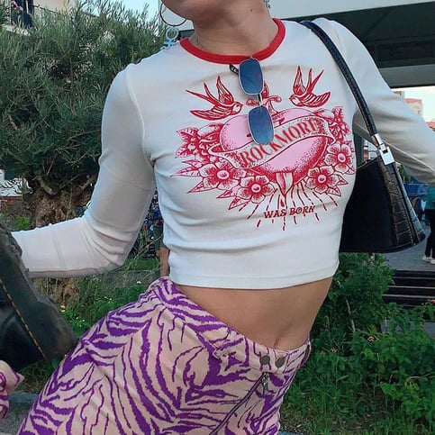 Cute Retro Rock Heart Aesthetic Print Crop Top Long Sleeve Shirt Tee T-shirt Punk Goth Summer Casual E-Girl Kawaii Korean Japanese Harajuku Streetwear