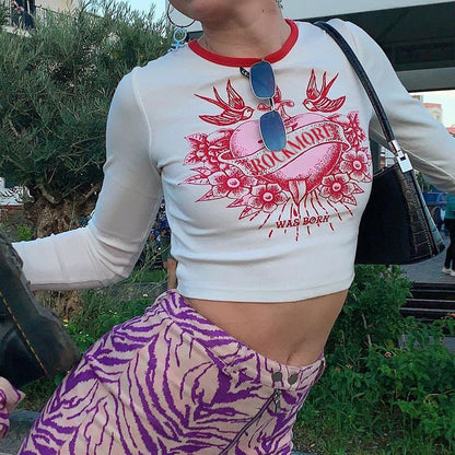 Cute Retro Rock Heart Aesthetic Print Crop Top Long Sleeve Shirt Tee T-shirt Punk Goth Summer Casual E-Girl Kawaii Korean Japanese Harajuku Streetwear
