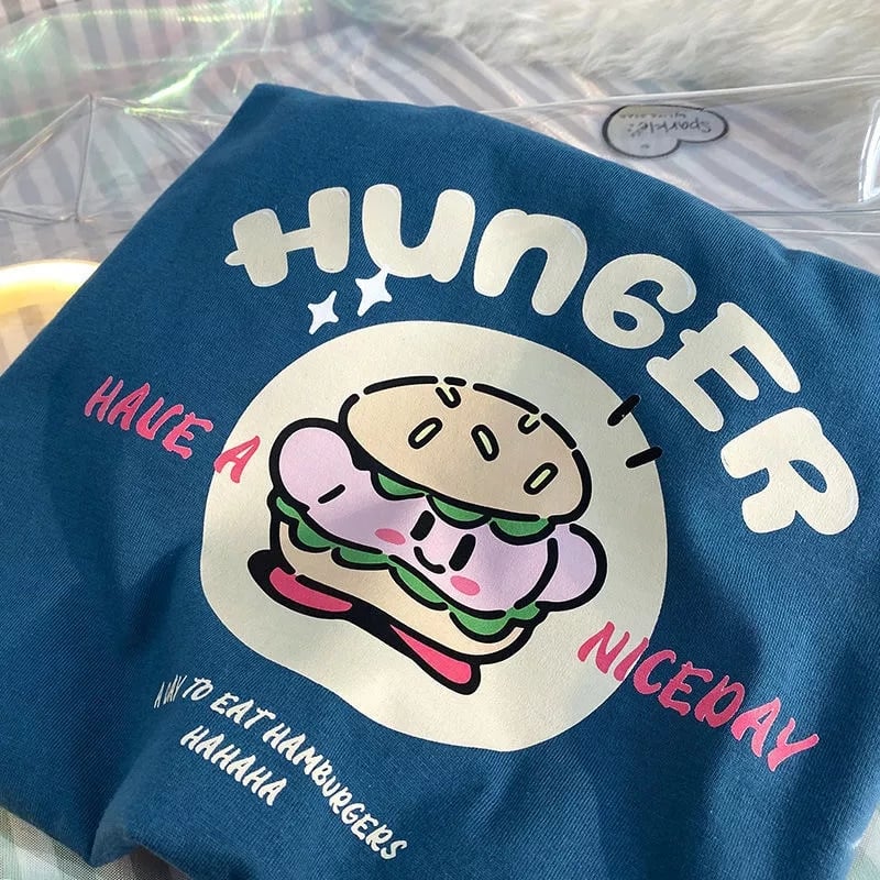 Burger Japanese Anime Print Loose Short Sleeve T-shirt