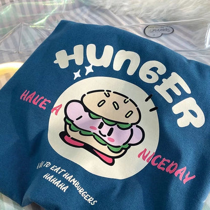 Burger Japanese Anime Print Loose Short Sleeve T-shirt