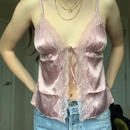Lace Trim Bow Tie V Neck Camisole