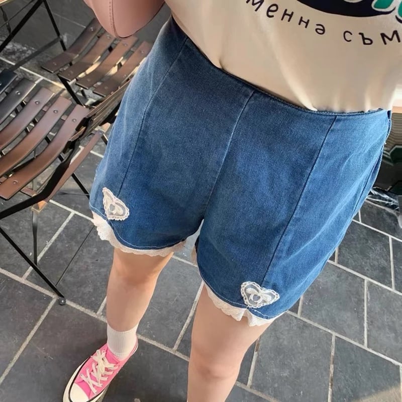 Cute Sweet Heart Lace Cut Out Denim Blue Shorts High Waist Bottoms Vintage Aesthetic Casual Summer E-Girl Kawaii Korean Japanese Harajuku