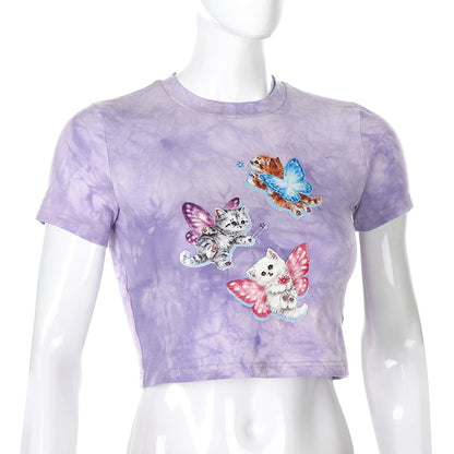 Cute Cat Butterfly Print Purple Sexy Crop Top Tank Short Sleeve Shirt Tee T-shirt Summer Casual E-Girl Kawaii Korean Japanese Harajuku Streetwear