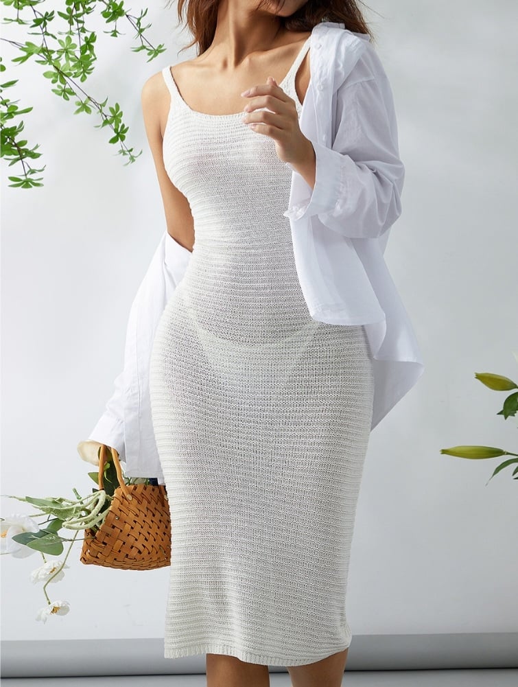 White Knit Spaghetti Strap Bodycon Mini Dress
