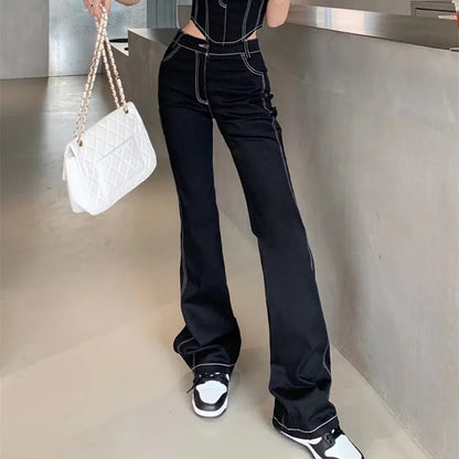 2PCS Black Denim Corset + Straight Flare Jeans