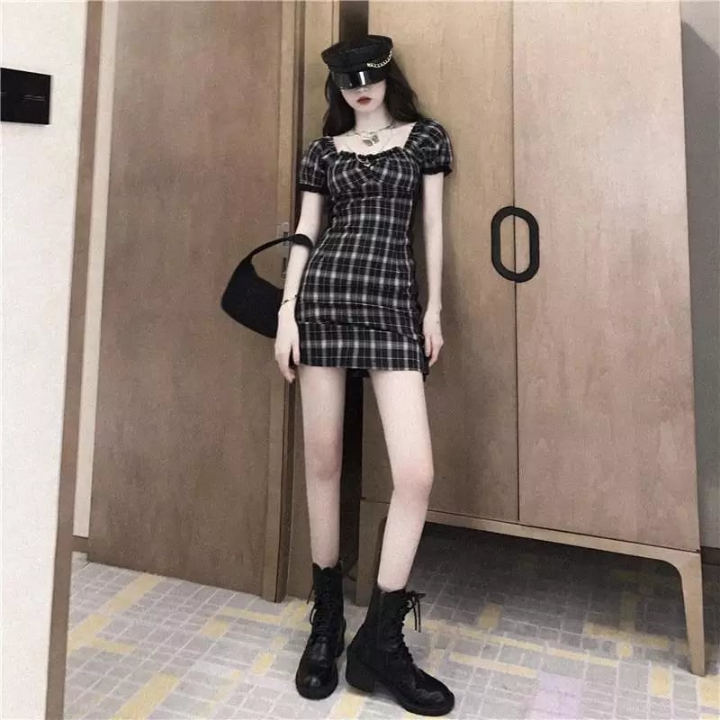 Cute Black White Plaid Puff Sleeve Square Collar Mini Dress Elegant Summer Aesthetic Casual E-Girl Kawaii Korean Japanese Harajuku