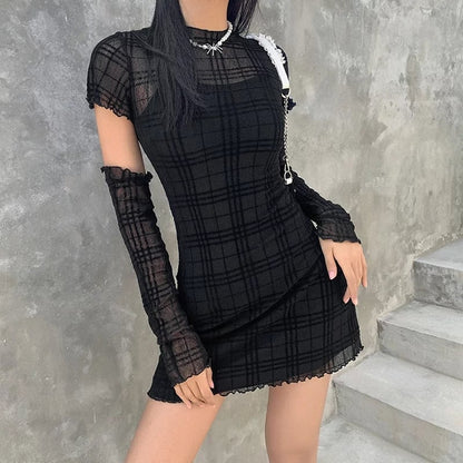 Cute Black Patchwork Plaid Detachable Sleeves Mini Dress Summer Aesthetic Casual E-Girl Kawaii Korean Japanese Harajuku