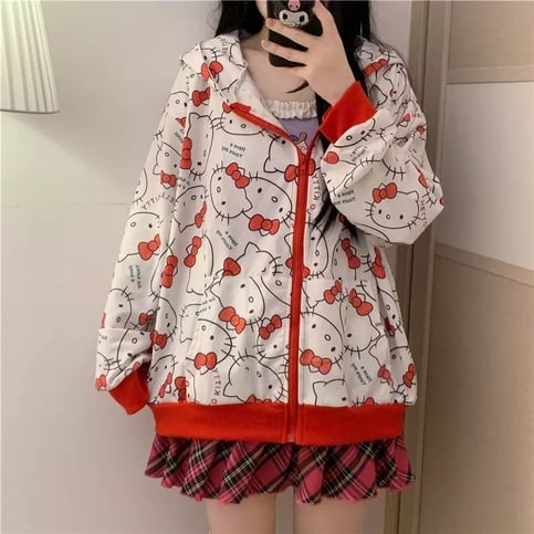 Cute Kitty Cat Cartoon Print Oversized Zipper Hoodie Sweatshirt Long Sleeve Pullover Aesthetic Casual Summer E-Girl Kawaii Korean Japanese Harajuku