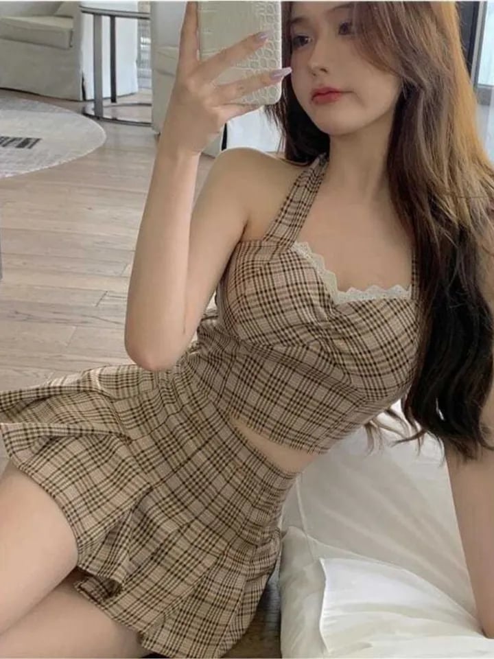 2PCS Plaid Lace Crop Top + Mini Skirt