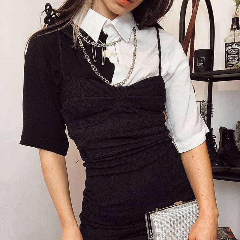 Cute Sexy Black White Patchwork Casual Crop Short Sleeve Shirt Tee T-shirt E-Girl Kawaii Korean Japanese Harajuku Chinese Retro Streetwear Aesthetic