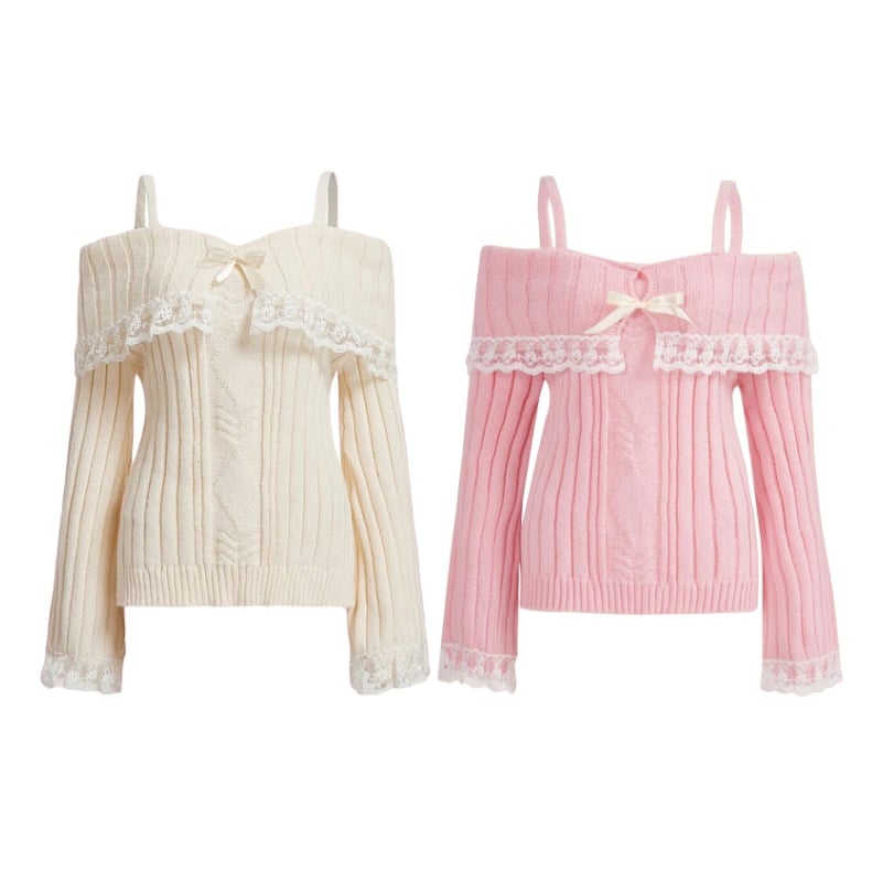 Pink Off Shoulder Bow Lace Sweater
