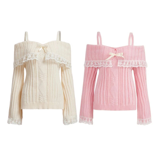 Pink Off Shoulder Bow Lace Sweater