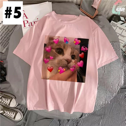 Cute Pink Funny Cat Kitten Meme Cartoon Print Loose Short Sleeve Short T-shirt Tee Top Summer Casual E-Girl Kawaii Korean Japanese Harajuku Streetwear