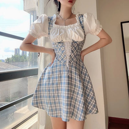 Cute Sweet Plaid Patchwork Lace Up Corset Ruffle Mini A-line Dress Summer Aesthetic Casual E-Girl Kawaii Korean Japanese Harajuku