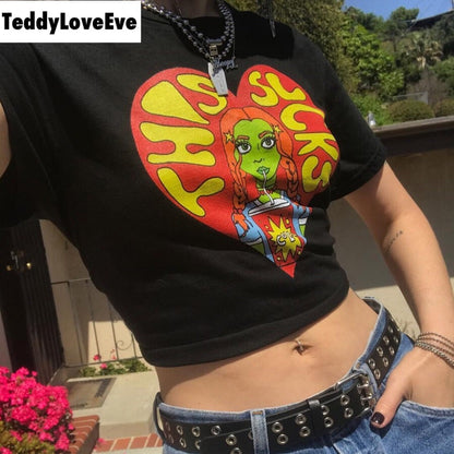 Cute Black Alien Girl Cartoon Graphic Casual Short Sleeve Shirt Tee T-shirt E-Girl Kawaii Korean Japanese Harajuku Chinese Retro Streetwear Aesthetic