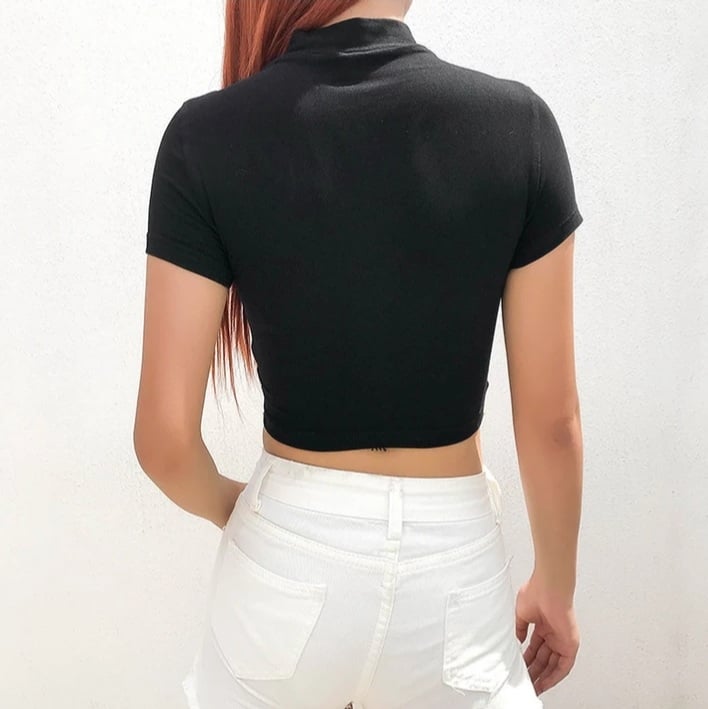 Cute Black Buckle Hollow Out Turtleneck Crop Top Long Sleeve Shirt Punk Goth Summer Aesthetic Casual E-Girl Kawaii Korean Japanese Harajuku