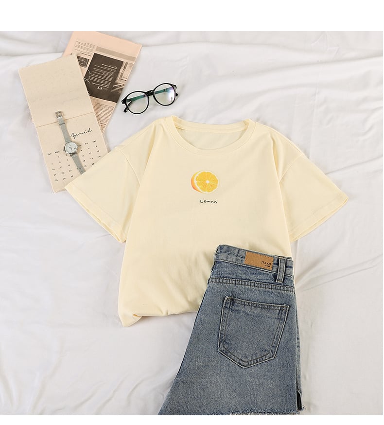 Cute Summer Casual Fruit Print O Neck Short Sleeve Tee Shirt T-shirt Top Loose Oversized E-Girl Kawaii Korean Japanese Harajuku Retro Streetwear