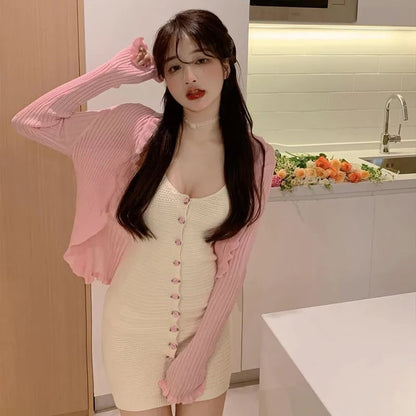 2PCS Rose Button Knit Dress + Cardigan