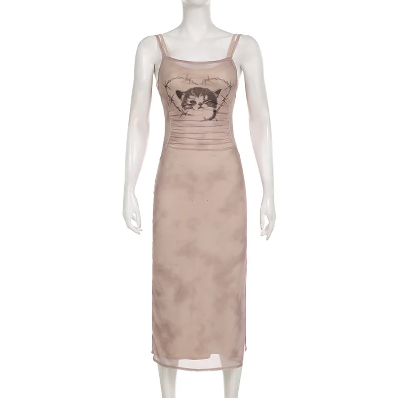Cat Graphic Print Split Long Dress