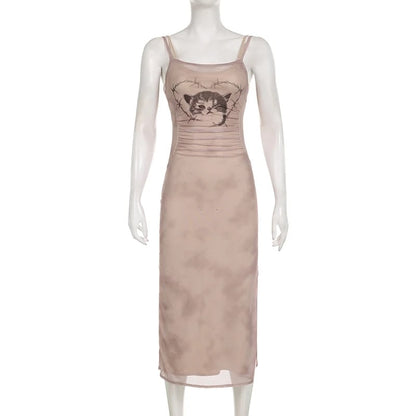 Cat Graphic Print Split Long Dress