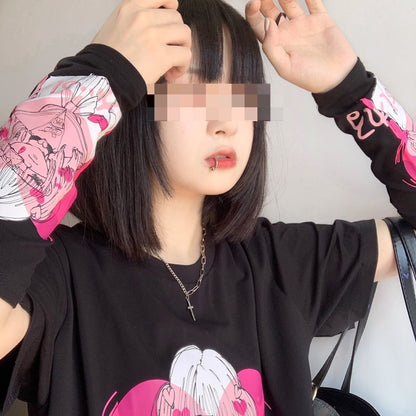 Cute Black Punk Goth Anime Girl Cartoon Print Short Sleeve Shirt Oversized Loose T-shirt Tee Top E-Girl Kawaii Korean Japanese Harajuku Streetwear