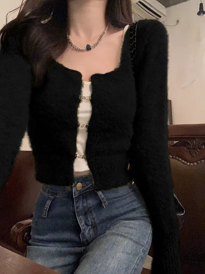 Fluffy Green Buckle Cropped Sweater