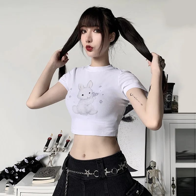 Rabbit Print Short Sleeve Crop Top