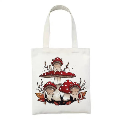 Cute Cat Ghost Mushroom Print Reusable Shopping Bag Canvas Tote Bag Shoulder Bag Aesthetic Casual E-Girl Kawaii Korean Japanese Harajuku