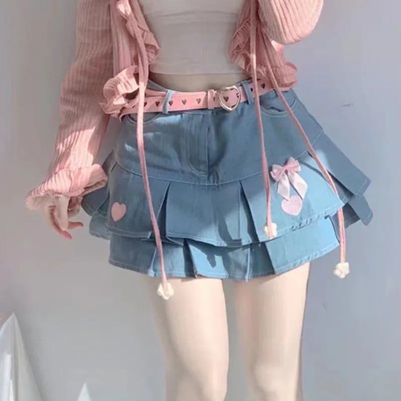 Heart Embroidery Blue Denim Skirt
