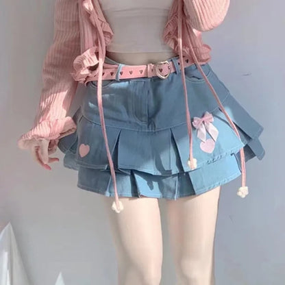 Heart Embroidery Blue Denim Skirt