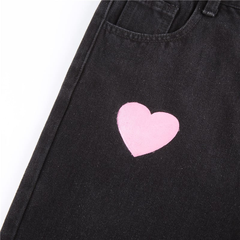 Cute Vintage Pink Heart Print Black Denim Jeans Straight High Waist Long Trouser Pants Autumn Casual E-Girl Kawaii Korean Japanese Harajuku Streetwear