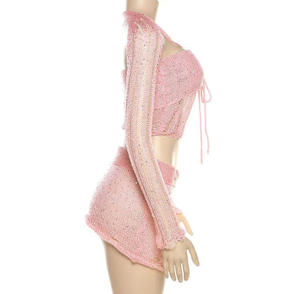2PCS Pink Sequin See Through Hollow Out Top + Skirt Set