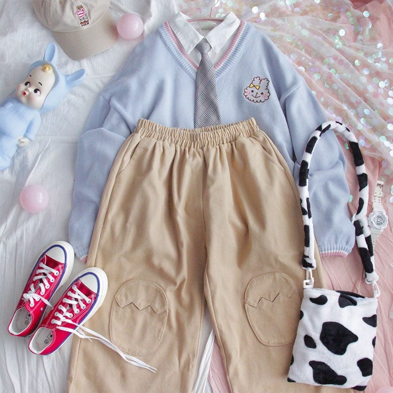 Cute Bunny Rabbit Embroidery Preppy Knit V Neck Vest Sweater Sweatshirt Loose Jumper Pullover Casual E-Girl Kawaii Korean Japanese Harajuku Streetwear
