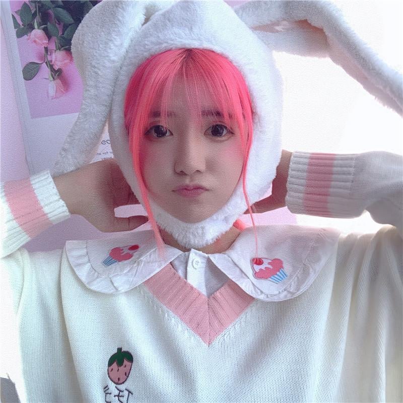 Cute Strawberry Peach Embroidery Knit Vest Sweater Sweatshirt Pullover Long Sleeve Shirt Casual E-Girl Kawaii Korean Japanese Harajuku Streetwear