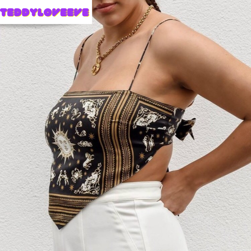 Sexy Sun Moon Zodiac Backless Camisole Lace Up Spaghetti Strap Tank Top Asymmetrical Print Aesthetic E-Girl Kawaii Korean Japanese Harajuku Streetwear
