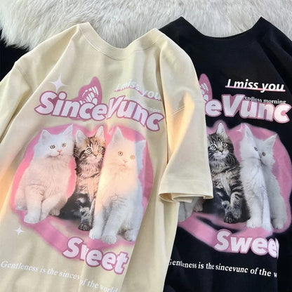 Retro Cat Print Short Sleeve T-shirt