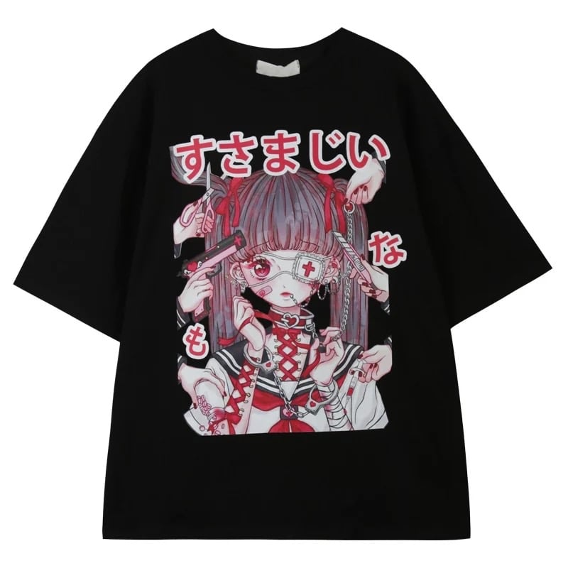Cute Japanese Girl Punk Goth Print Oversized Short Sleeve Shirt Tee T-shirt E-Girl Kawaii Korean Japanese Harajuku Retro Streetwear Aesthetic