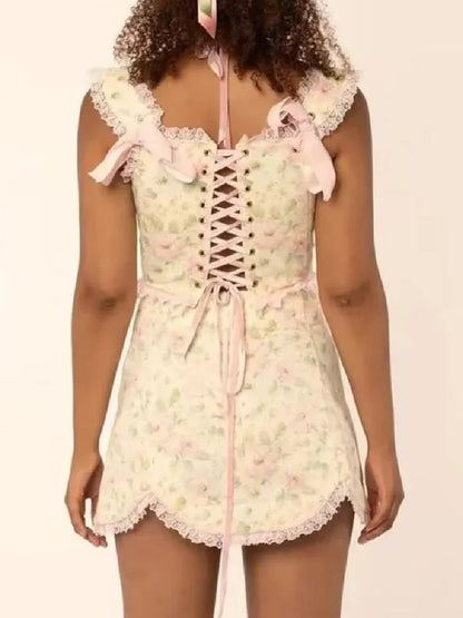 Floral Print Lace Up Corset Top + Mini Skirt