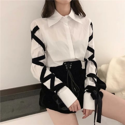 Cute White Shirt Black Bandage Ribbon Tie Up Turn Down Collar Long Sleeve Shirt Blouse Aesthetic Casual E-Girl Kawaii Korean Japanese Harajuku
