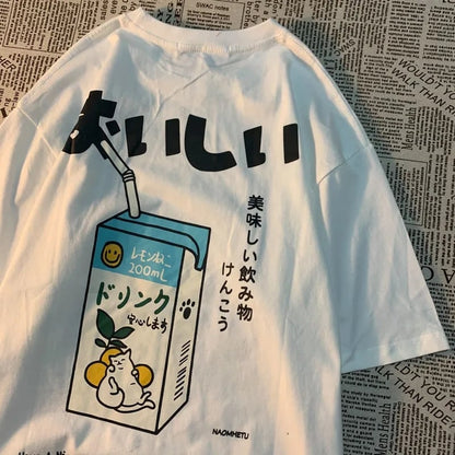 Japanese Cat Juice Box Print Short Sleeve T-shirt