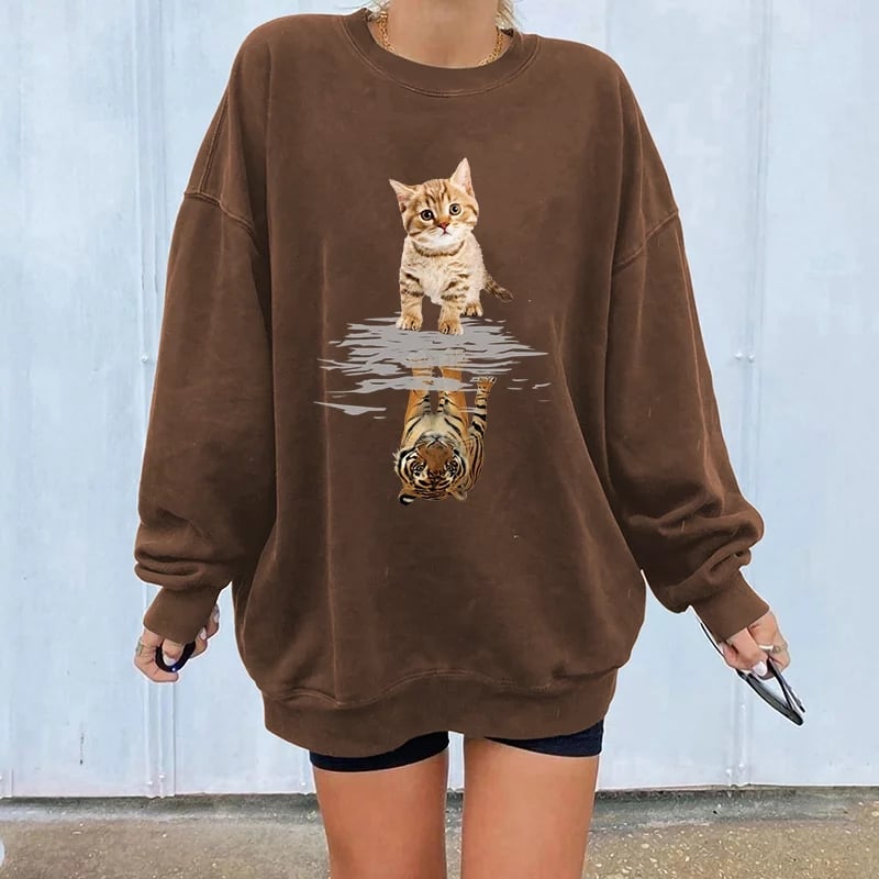 Cute Funny Cat Tiger Cartoon Print Long Sleeve Crewneck Sweatshirt Pullover Aesthetic Casual E-Girl Kawaii Korean Japanese Harajuku