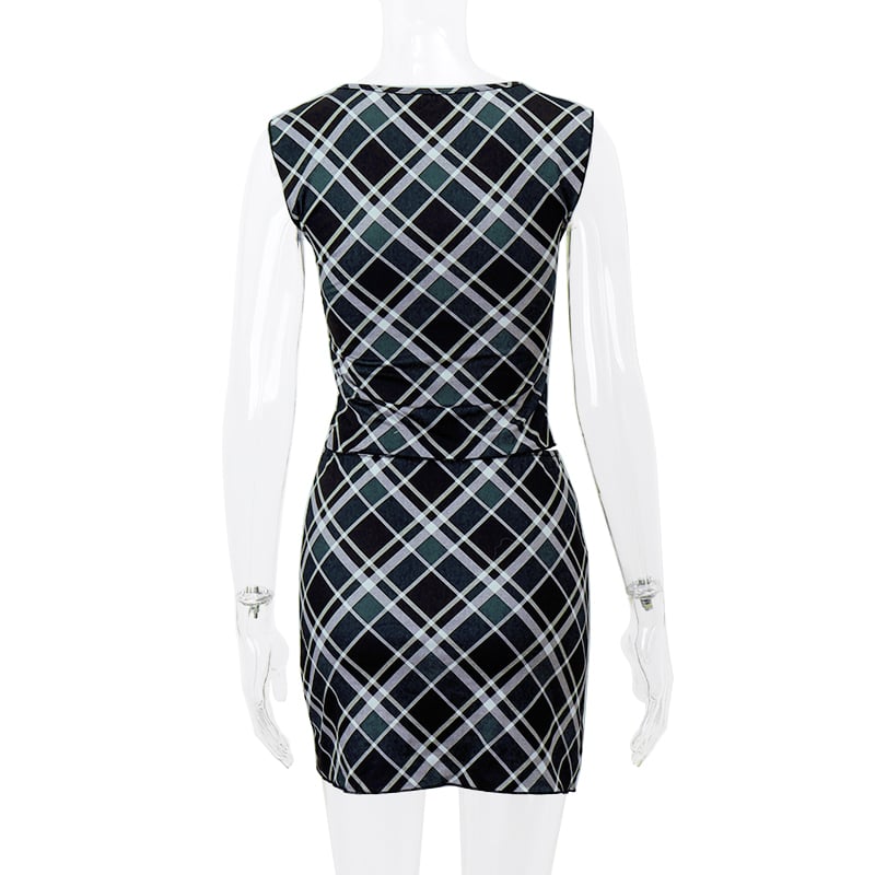2PCS Black & White Plaid V Neck Top + Mini Skirt