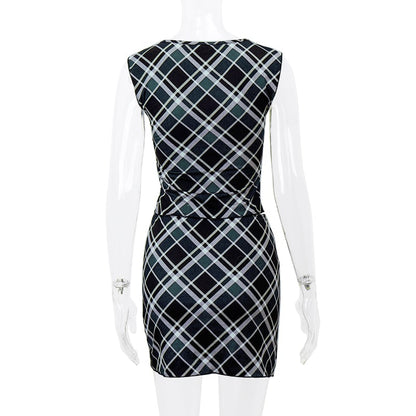 2PCS Black & White Plaid V Neck Top + Mini Skirt