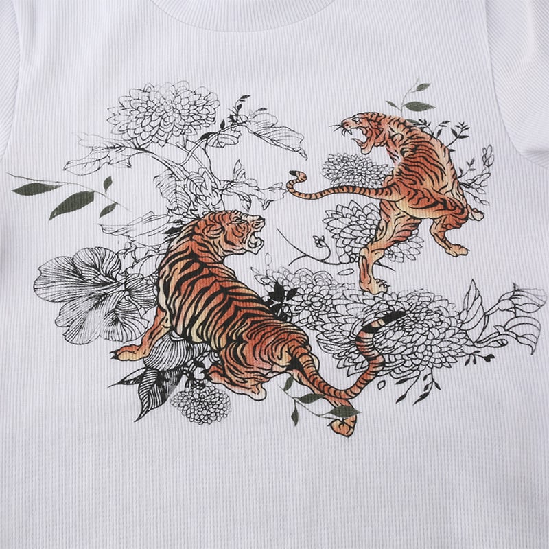 Cute Sexy Tiger Vintage Ribbed Print Graphic Crop Top Shirt Tee T-shirt E-Girl Kawaii Korean Japanese Harajuku Chinese Retro Streetwear Aesthetic