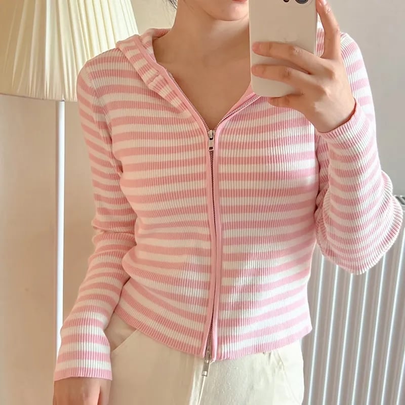 Pink Stripe Thin Zipper Jacket
