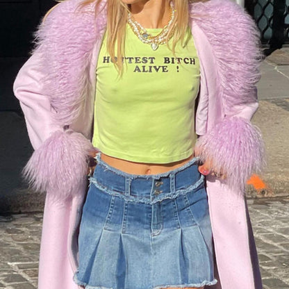 Green Hottest B Alive Letter Print Short Sleeve Shirt Crop Top Summer Aesthetic Casual E-Girl Kawaii Korean Japanese Harajuku