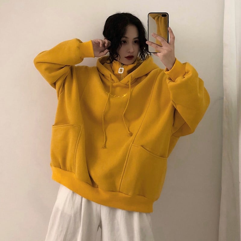 Cute Yellow Chill Letter Embroidery Causal Oversized Hoodie Sweater Sweatshirt Long Sleeve Pullover E-Girl Kawaii Korean Japanese Harajuku Streetwear