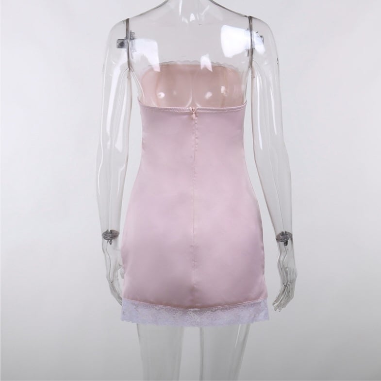 Pink Satin Lace Trim Strapless Dress