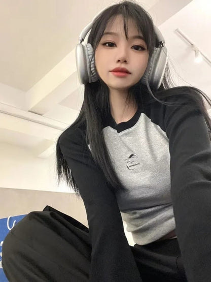 Black & Grey Patchwork Long Sleeve Crop Top