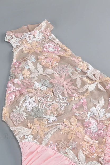 Fitted Embroidered Halter Sleeveless Evening Dress
